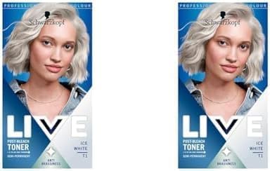 Schwarzkopf Live Post Bleach Toner Ice White Hair Toner, Lasts Up To 16 Washes, Semi-Permanent Blonde Hair Dye, For Brassy Yellow Tones, T1 (Pack of 2), – 13.00