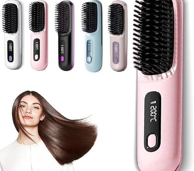 Go Brush Pro – 2025 Cordless Hair Straightener Brush, Portable & Rechargeable Heated Styling Brushes for Travel & Everyday Use, Hair-Friendly & Long-Lasting Design (Pink), – 16.99