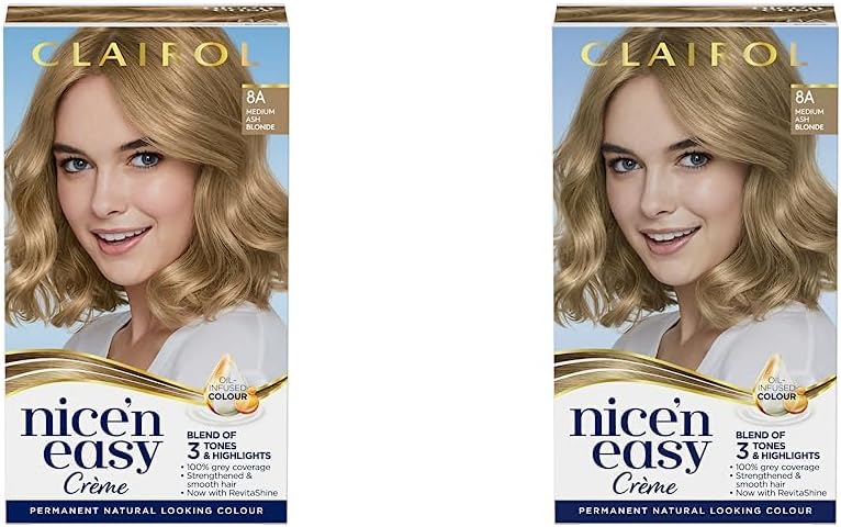 Clairol Nice’n Easy Crme Permanent Hair Dye, 8A Medium Ash Blonde (Pack of 2), –