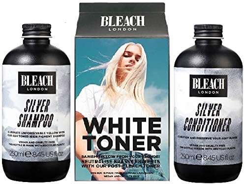 (Pack of 3) Bleach London Silver Shampoo x 250ml, White Toner Hair Kit & Silver Conditioner x 250ml, – 37.79