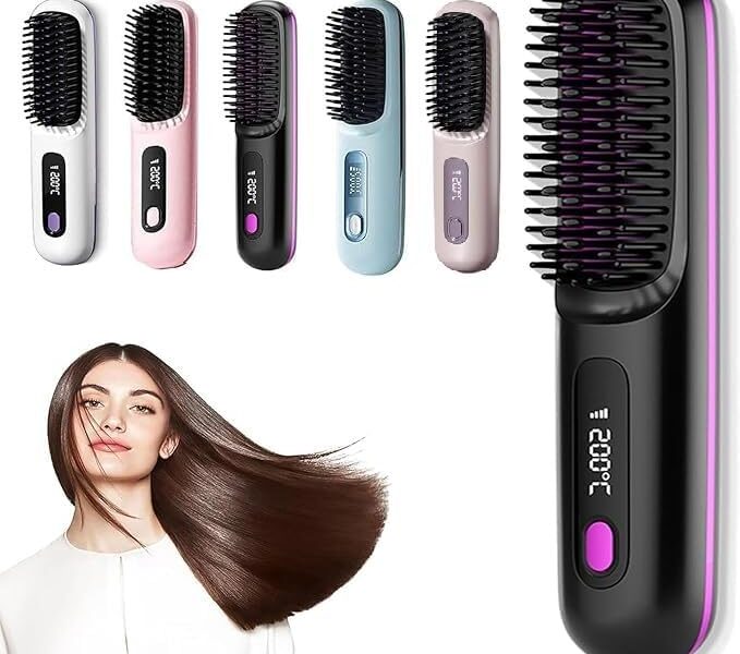 Go Brush Pro – 2025 Cordless Hair Straightener Brush, Portable & Rechargeable Heated Styling Brushes for Travel & Everyday Use, Hair-Friendly & Long-Lasting Design (Black), – 16.99