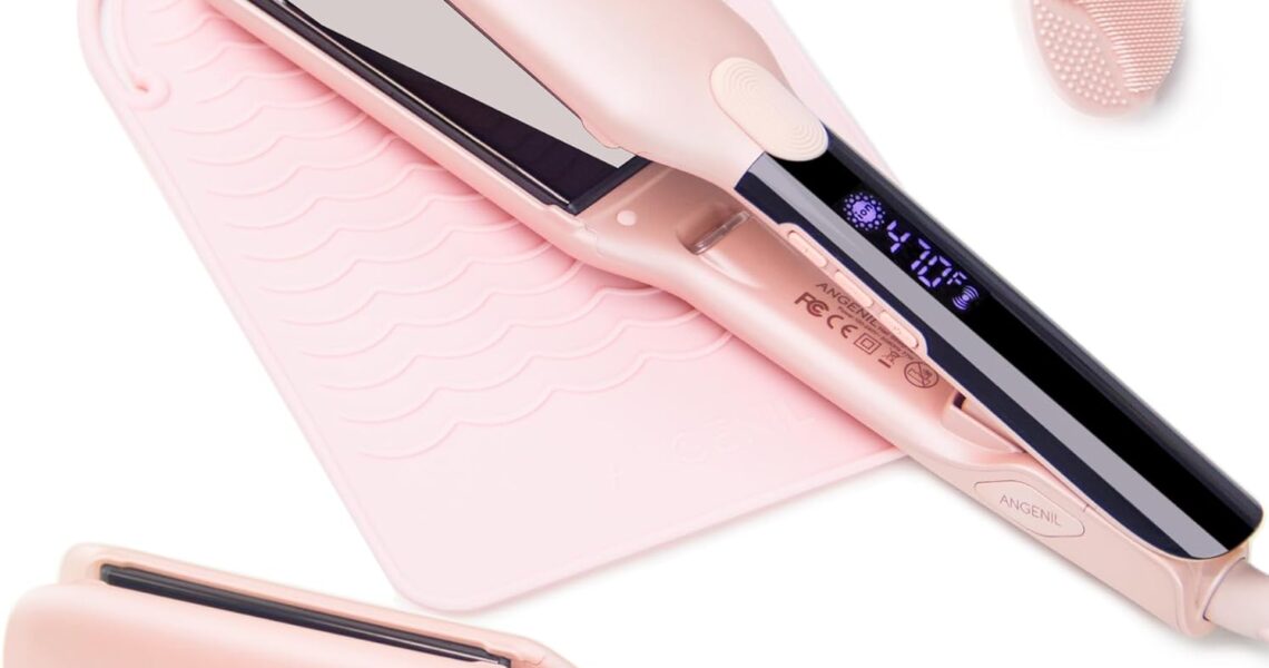 ANGENIL Pro Titanium Flat Iron Hair Straightener 4.5cm Wide, Salon Grade Dual Voltage Straightening and Curler 2-in-1 with Heat Resistant Silicone Mat, Adjustable Temp 160C-240C, 15s Fast Heating, – 48.96