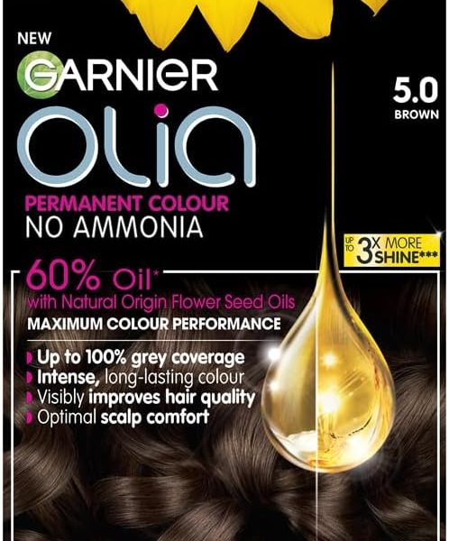 Garnier Olia Permanent Hair Dye, No Ammonia, Full Grey Coverage, Long-lasting Colour & Shine, Vegan Formula, Colour: 5.0 Brown, 230g, – 8.32