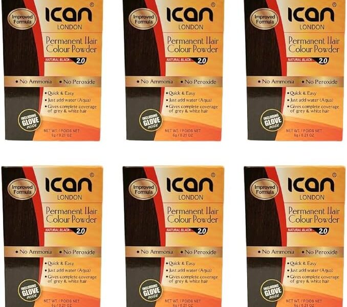 ICAN PERMANENT HAIR COLOR POWDER, NO AMONIA, NO PEROXIDE (2.0 NATURAL BLACK) 6 X PACKS, – 7.99