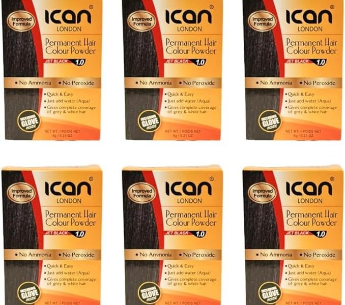 ICAN PERMANENT HAIR COLOR POWDER, NO AMONIA, NO PEROXIDE (1.0 JET BLACK) X 6 PACKS, – 7.99