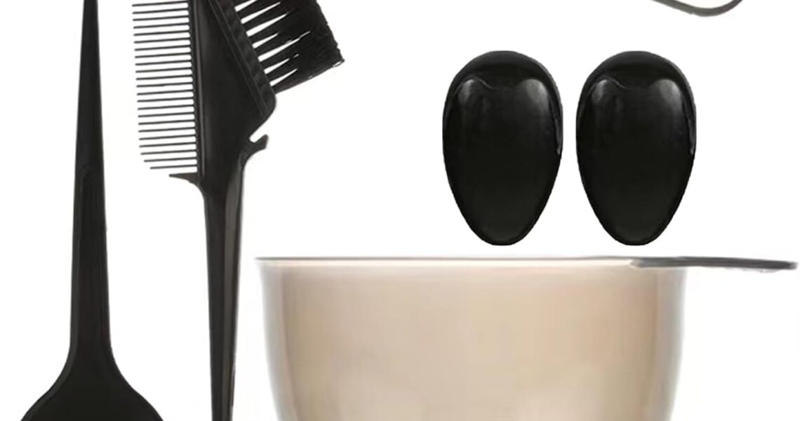 Hair Dye Bowl and Brush Kit – Hair Dying Tools Kit, 5 Pcs Tools for Hair Colouring DIY Salon Hair Coloring Bleaching Tools, including Dye Bowl, Dye Brush, Double-Sided Brush, Mixing Rod, Ear Cover, – 9.99