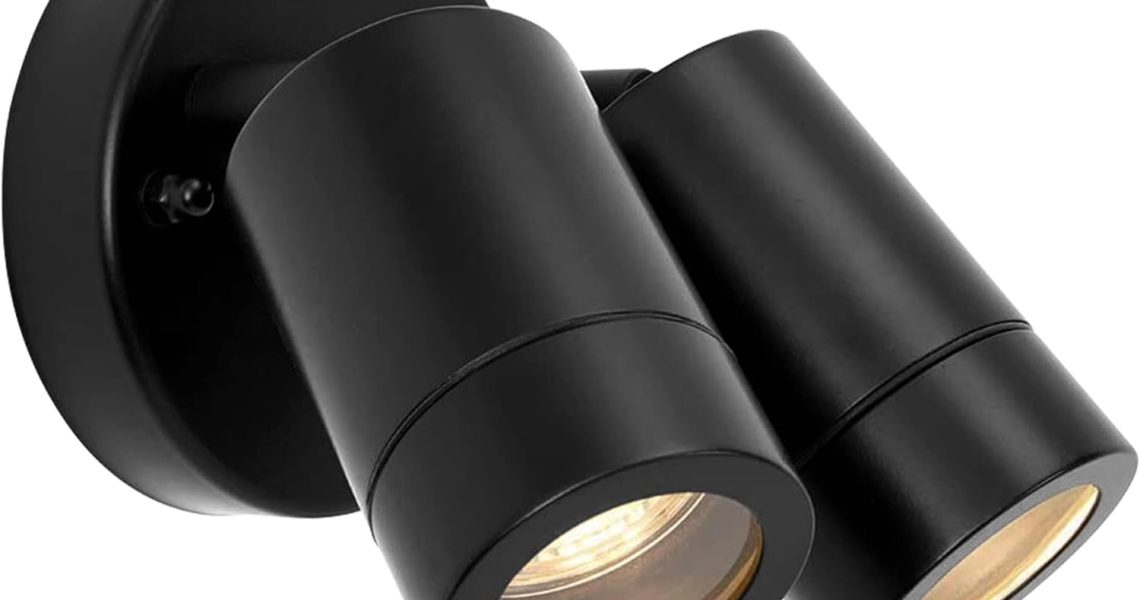 Palin IP44 Rated Outdoor Twin Spotlights, Matt Black Steel Adjustable Tilt Outside Lights, Mains Powered Security Spot Lights, 2X 7W 240V LED GU10 (Not Included), – 27.28