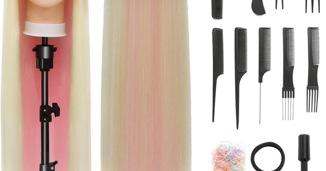Styling Head 28 inch Hairdresser Training Head 100% Synthetic Fiber Hair Styling Head, Training Head Hairdressing Head with Free Clamp and DIY Braiding Set (Blonde Powder), – 25.99