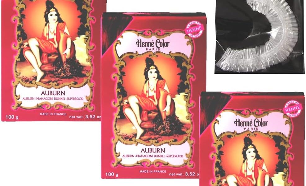 Henne Color Auburn Henna Hair Dye Powder 3 x 100g with Fenny’s Creations Shower Cap, – 10.79