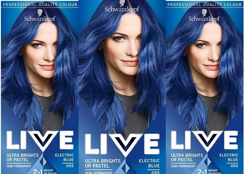 Schwarzkopf LIVE Ultra Bright or Pastel Blue Hair Dye, Pack of 3, Semi-Permanent Colour lasts up to 15 washes – 095 Electric Blue, – 20.51