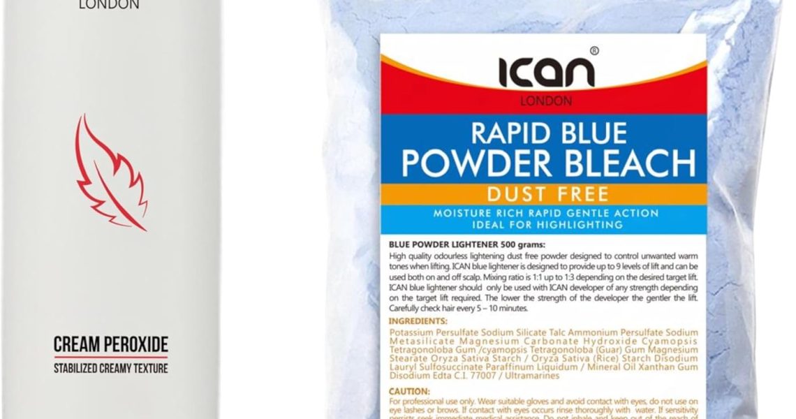 ICAN LONDON PROFESSIONAL CREAM PEROXIDE 20 VOL 6% 1000 ML + RAPID BLUE POWDER BLEACH 500 G COMBO SET, – 13.49