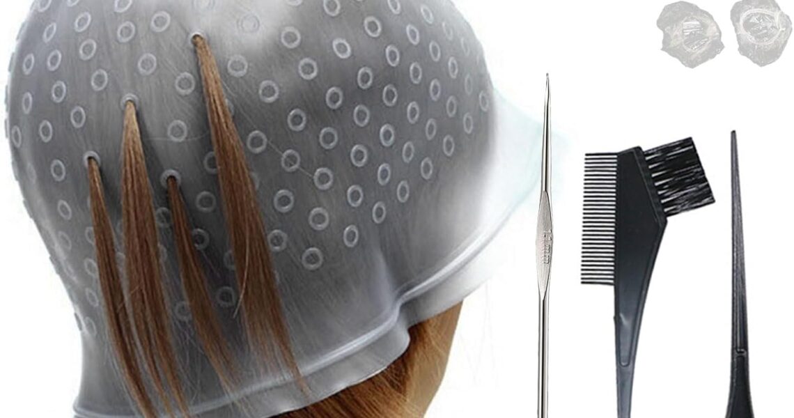 MIVAIUN 7Pcs Silicone Highlight Cap Kit, Hair Color Reusable Highlighting Caps with Hook Salon Hair Dye Comb Hair Dye Brushes Shawl Gloves, Frosting Cap Set for Dyeing Hair (7Pcs), – 6.59