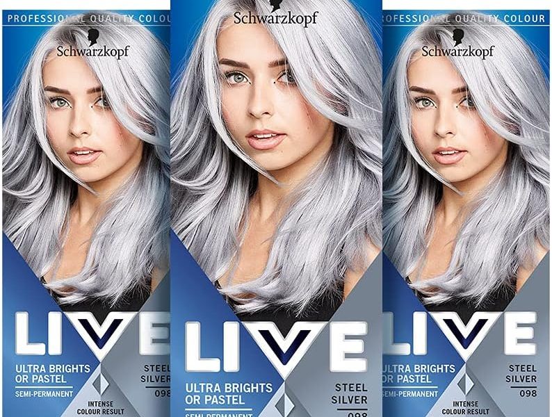 Schwarzkopf LIVE Ultra Bright or Pastel Grey Hair Dye, Pack of 3, Semi-Permanent Colour lasts up to 15 washes – 098 Silver Steel, – 18.10