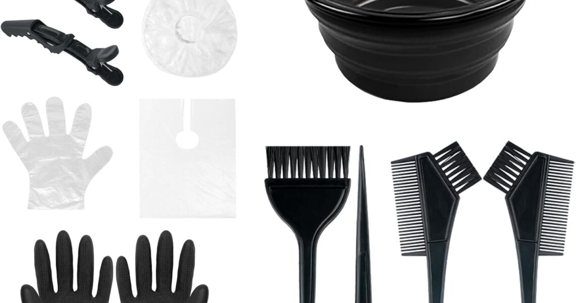NEPAK 18Pcs Hair Dye Brush and Bowl Kit,Hair Dying Tools,DIY Beauty Salon Hair Bleaching Tools,Including Mixing Bowl, Ear Cover, Hair Shawl, Gloves, Hair Clips, – 5.99