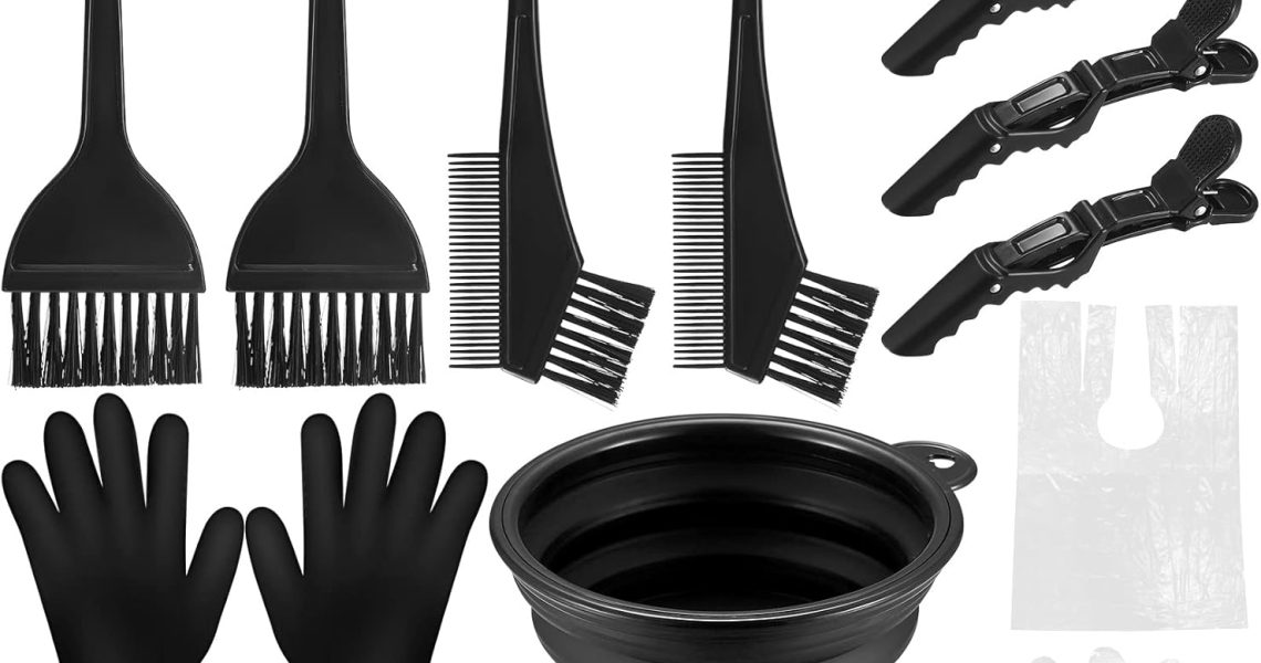 Yibaijia 18 Pcs Tools for Hair Colouring Kit, Dying, DIY Beauty Salon Bleaching, Dye Bowl and Brush, including Mixing, Ear Cover, Shawl, Gloves, Clips, – 1285
