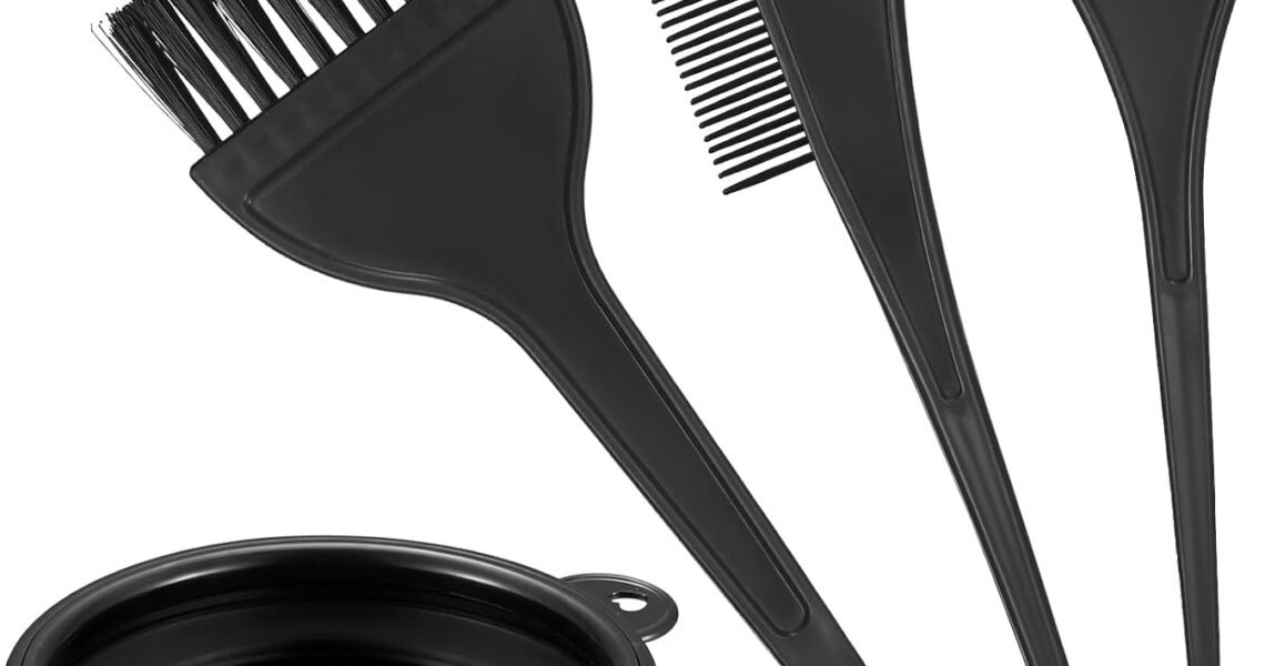 VARHHUXHA 4 Pcs Hair Coloring Brushes, Hair Dye Brush and Mixing Bowl Set, Double-Sided Hair Dying Brushes Tint Comb Set for DIY Salon Hair Coloring Dying Brushes, with Hair Dying Mixing Bowl – Black, – 3.78
