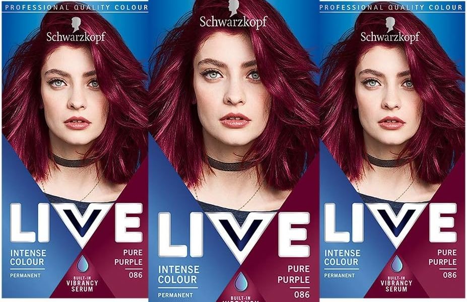 Schwarzkopf Live Intense Colour Purple Hair Dye, 3-Pack Permanent Colour with Vibrancy Serum, 086 Pure Purple, – 18.00