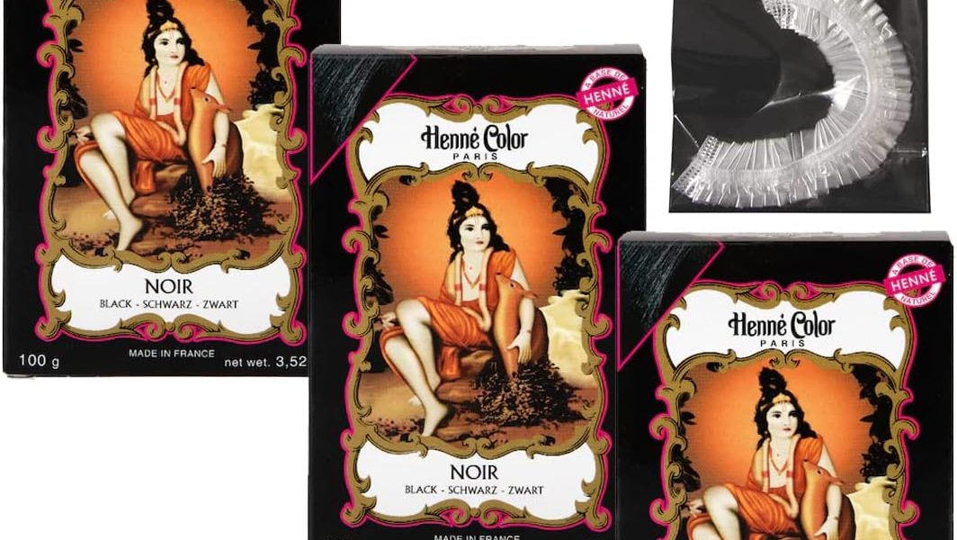 Black Henne Color Henna Hair Dye Powder 3 x 100g with Fenny’s Creations Shower Cap, – 1320
