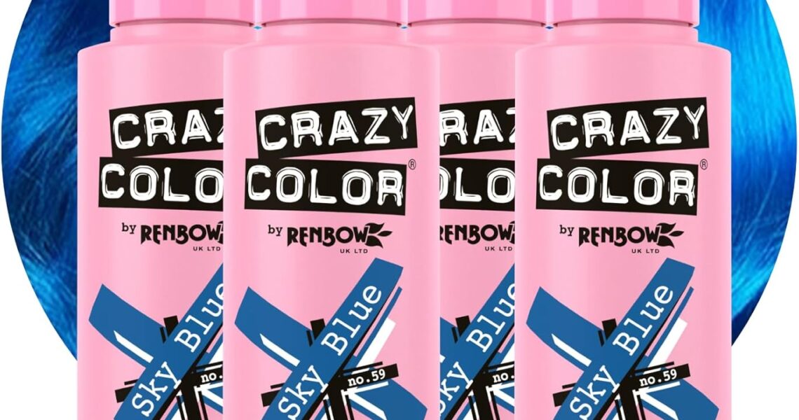 Crazy Color Vibrant Sky Blue Semi-Permanent 4 Pack Quad Hair Dye. Highly Pigmented Cobalt Blue Conditioning & Oil Nourishing Vegan Formula No Bleach or Ammonia 400ml, – 18.99