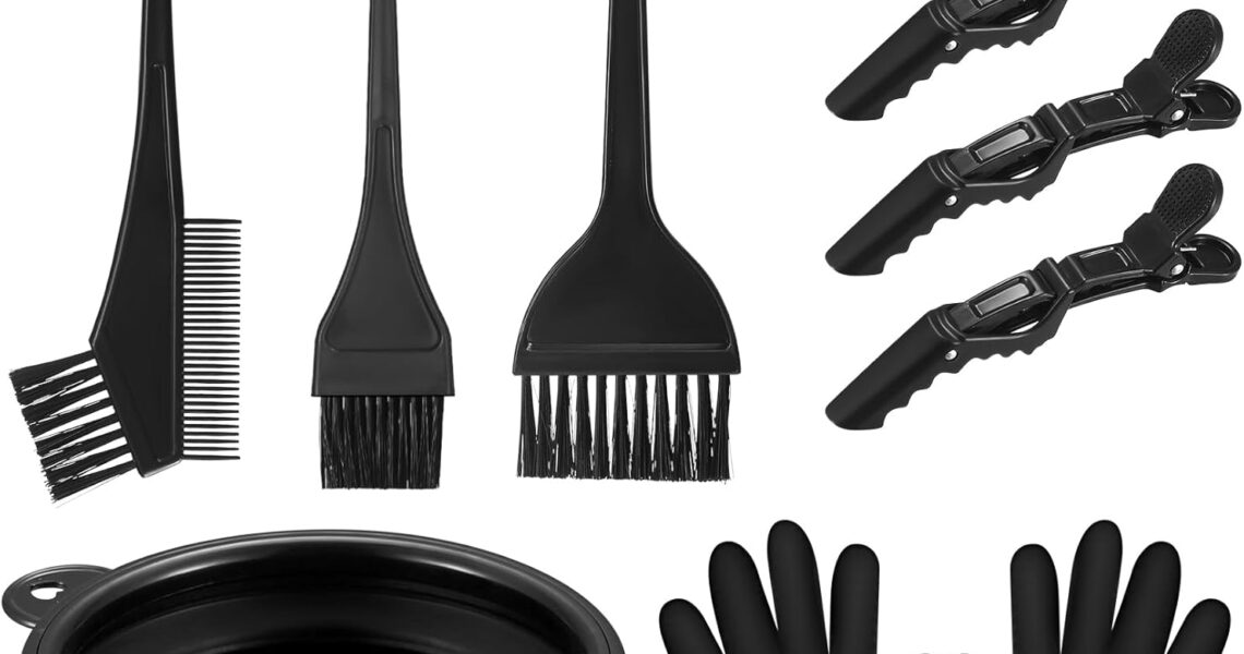 9 Pcs Tools for Hair Colouring Kit, Hair Dying Tools Kit, DIY Beauty Salon Hair Bleaching Tools Kit, Hair Dye Bowl and Brush Kit, including Mixing Bowl, Ear Cover, Hair Shawl, Gloves, Hair Clips, – 4.48