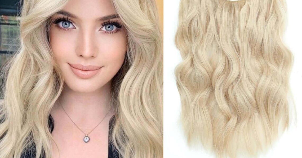Ms TAj Bleach Blonde Halo Hair Extensions 16 inch with Adjustable Size Removable Clips Synthetic Short Secret Invisible Hair Extension One Piece Curly Hair Pieces for Women, – 14.99