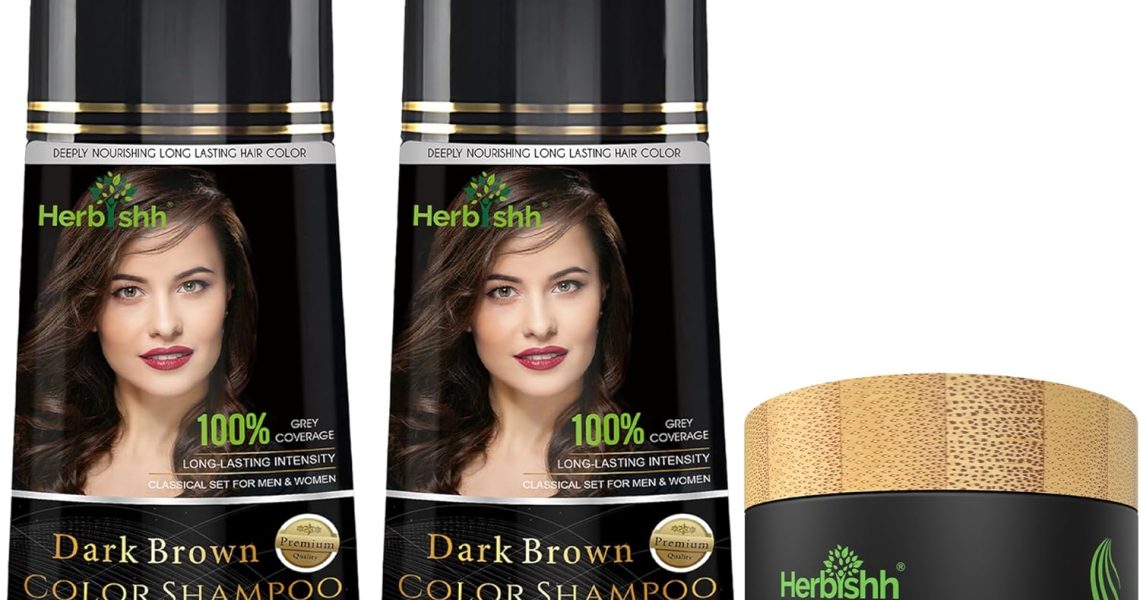 Combo Pack-2pcs Herbishh Hair Color Shampoo for Gray Hair+ 1pc Argan Intense Hair Mask- Hair Dye Shampoo  Colors Hair in Minutes  Long-lasting color 500 Ml Stimulates Dry Frizzy Hair (Dark Brown), – 50.59