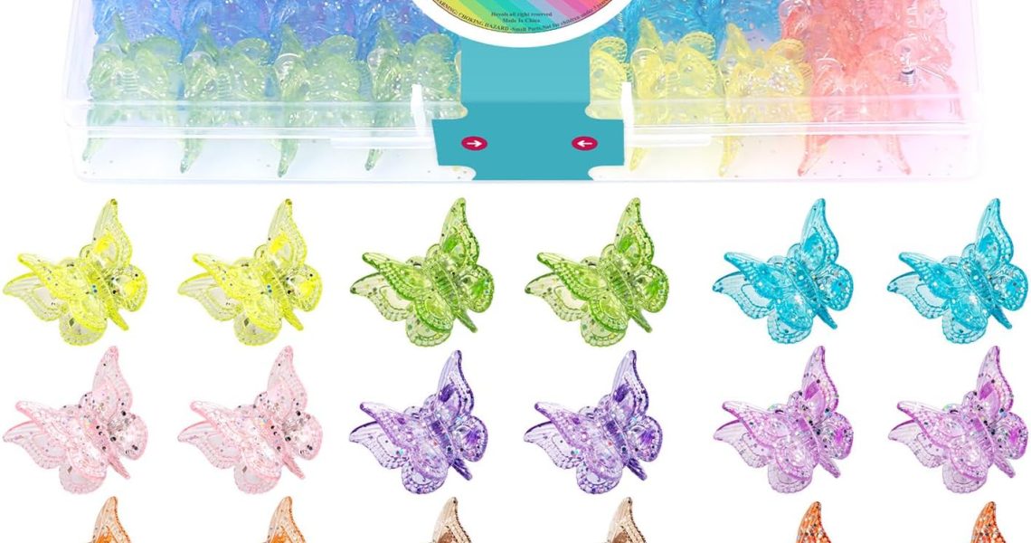 Hoyols Glitter Butterfly Hair Clips, 90s Girls Hair Accessories Sparkle Mini Small HairClip Claw for Girls Women Toddler Cute Kawaii Butterflies Hair Pins Assorted 12 Colors 48 pcs (Sparkle Candy), – 6.14