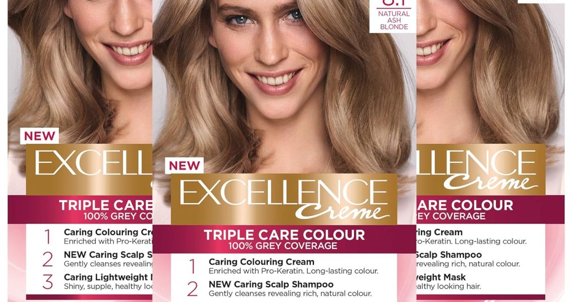 L’Oral Paris Excellence Crme Permanent Hair Dye, Radiant At-Home Hair Colour with up to 100% Grey Coverage, Pro-Keratin, Up to 8 Weeks of Colour, Pack of 3, Colour: 8.1 Natural Ash Blonde, – 29.49