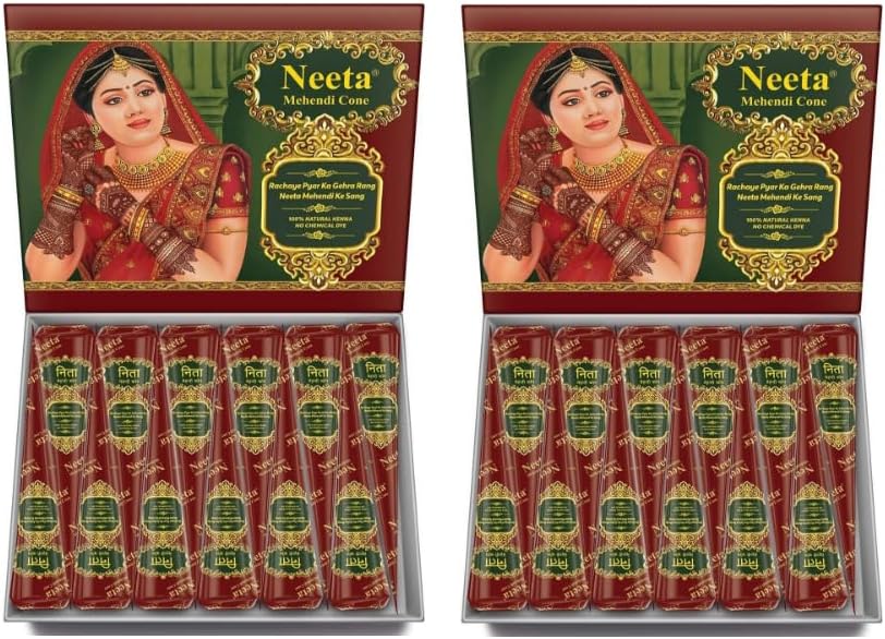 Neeta Mehndi Cones Dark Brown Mehndi All Natural Body Art Organic Temporary Tattoo | Pack of 12 x 2 (Total 24 Cones), – 11.99