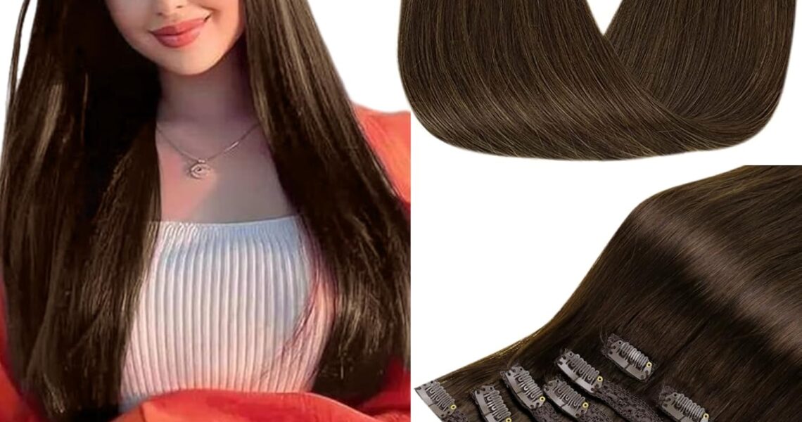 RUNATURE Clip in Hair Extensions Human Hair Brown Clip in Extensions Real Human Hair Brown Clip in Hair Extensions Double Weft Clip on Hair Extensions 18 Inch 120 Gram 7pcs, – 76.49