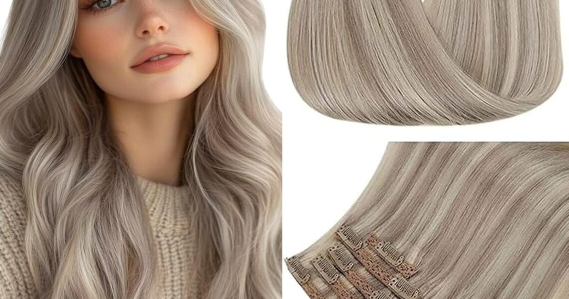 RUNATURE Clip in Real Hair Extension Colour 19AP60 Gray Blonde with Platinum Blonde Clip in Hair Extension Natural Straight Clip in Hair 100g 12 Inch, – 56.49