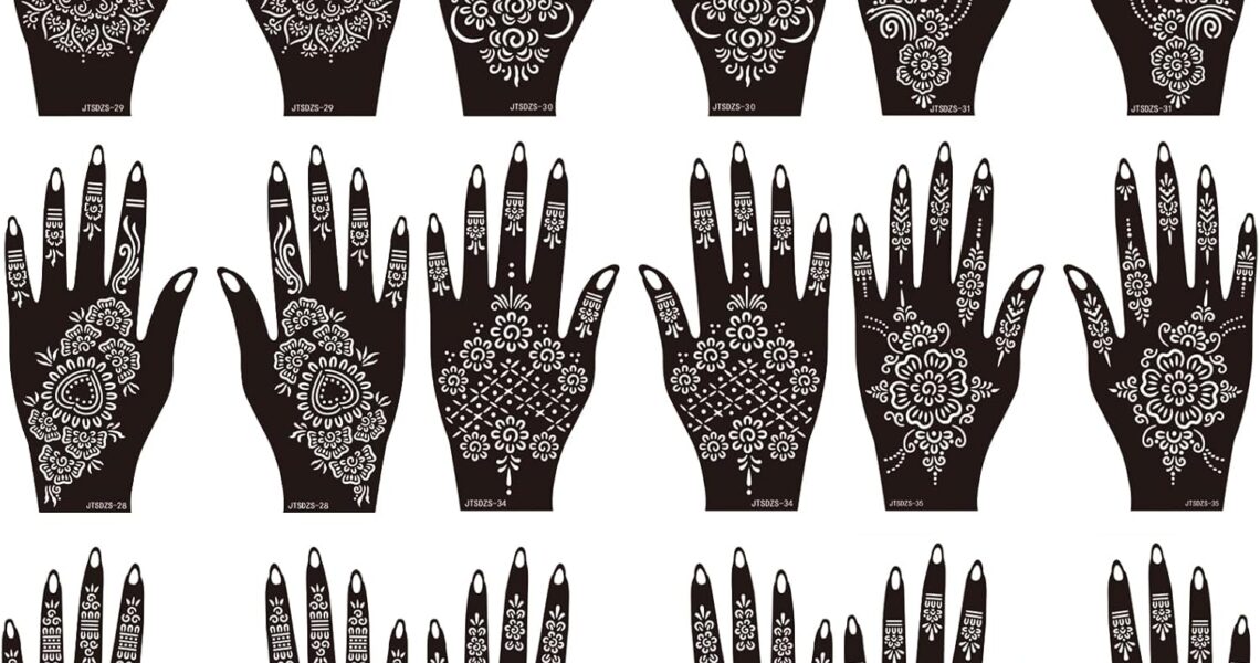 Henna Tattoo Stencil Kit,18 Sheets Henna Stencils Reusable Henna Tattoo Sticker Indian Arabian Glitter Airbrush Tattoo Stencils Self Adhesive Tattoo Templates, – 7.99