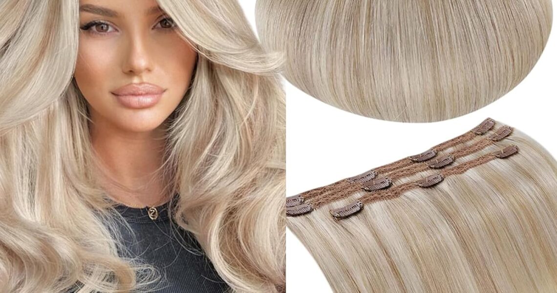 RUNATURE Clip in Hair Extension Real Human Hair Ash Blonde Highlight Platinum Blonde Clip in Hair Extensions Human Hair Blonde Clip in Extensions Remy Human Hair 14 Inch 50 Gram 3PCS, – 45.29